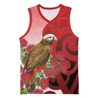 New Zealand Parrot Kaka Basketball Jersey Maori Koru With Pohutukawa Flowers LT05 Unisex Red - Polynesian Pride