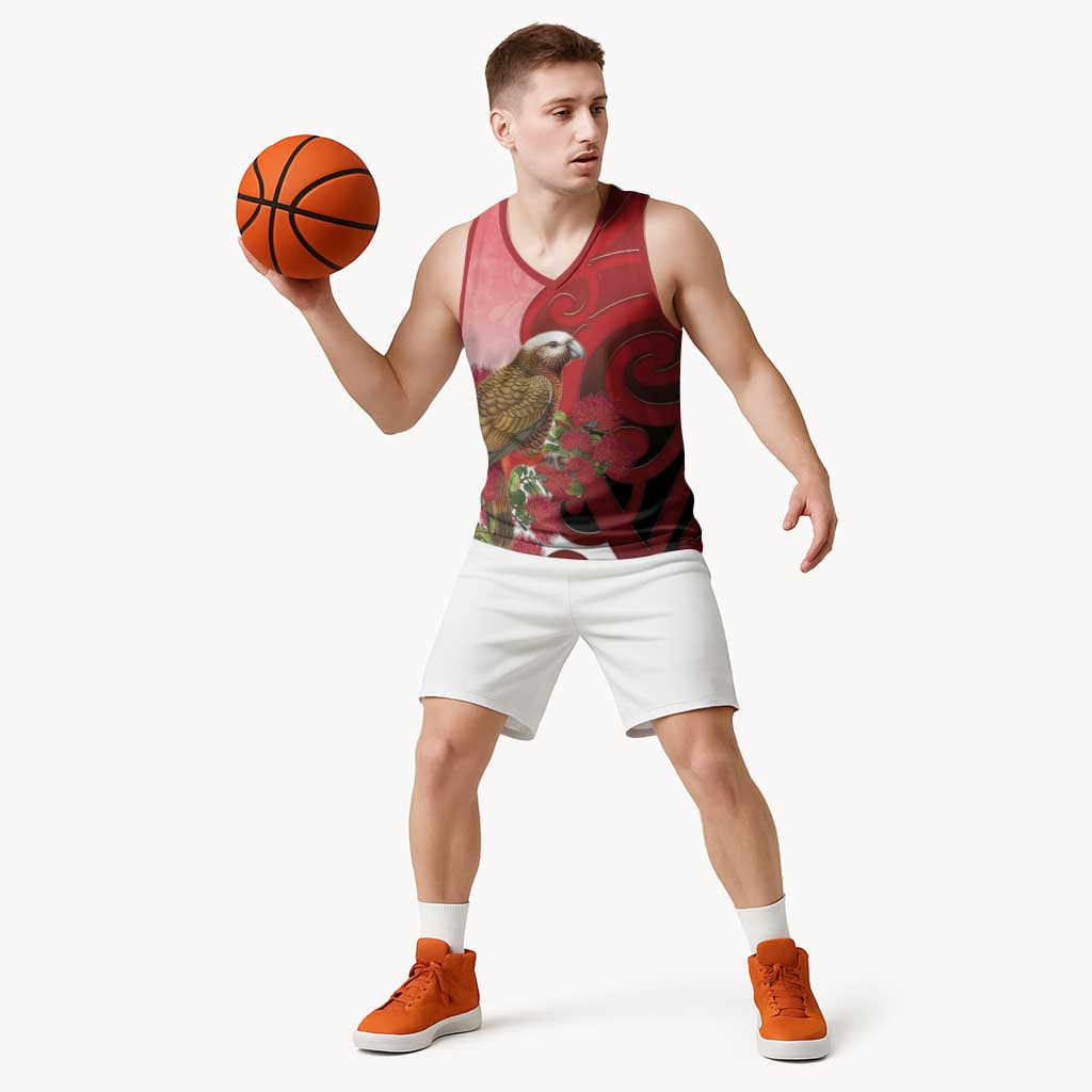 New Zealand Parrot Kaka Basketball Jersey Maori Koru With Pohutukawa Flowers LT05 - Polynesian Pride