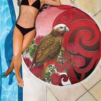 New Zealand Parrot Kaka Beach Blanket Maori Koru With Pohutukawa Flowers - Polynesian Pride