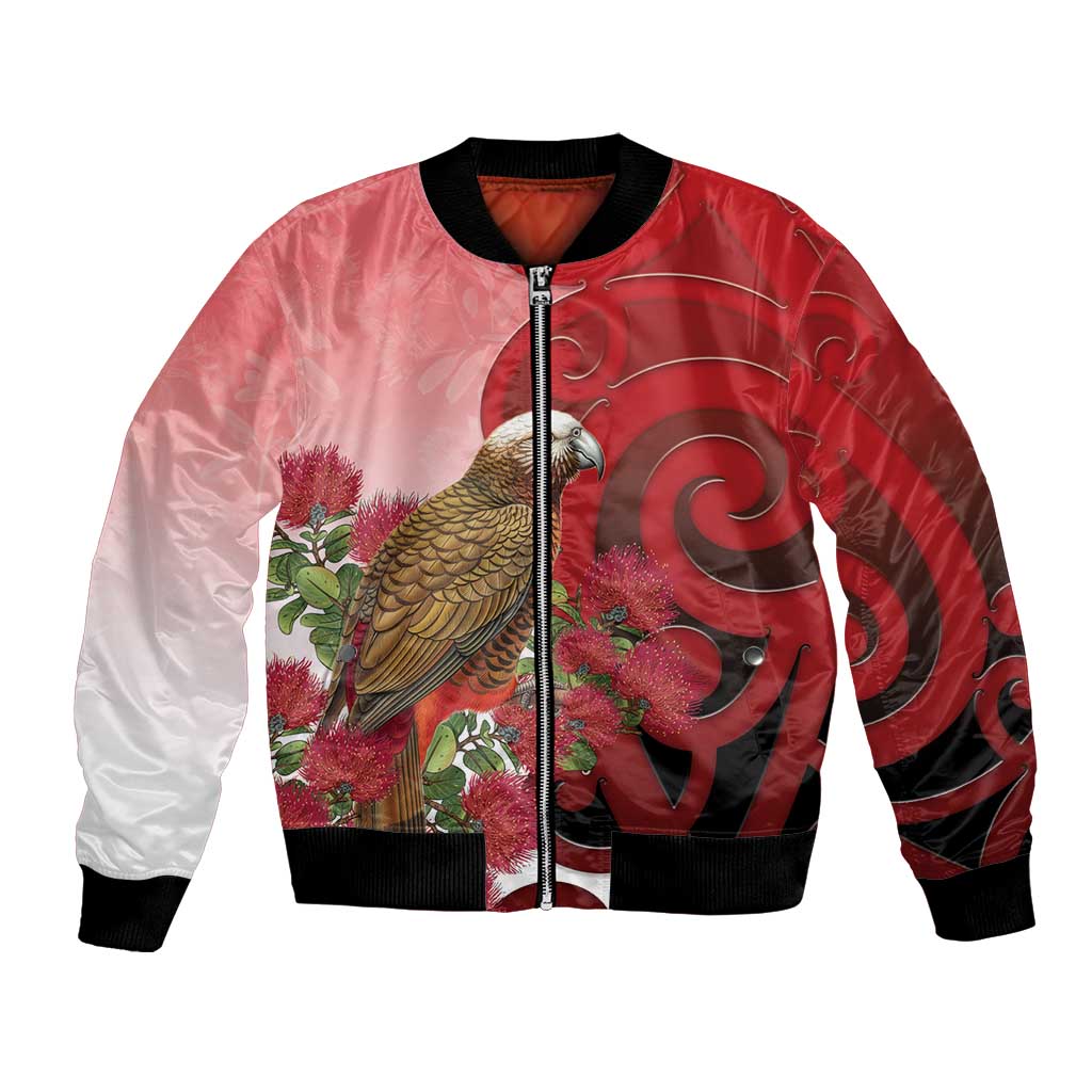 New Zealand Parrot Kaka Bomber Jacket Maori Koru With Pohutukawa Flowers - Polynesian Pride
