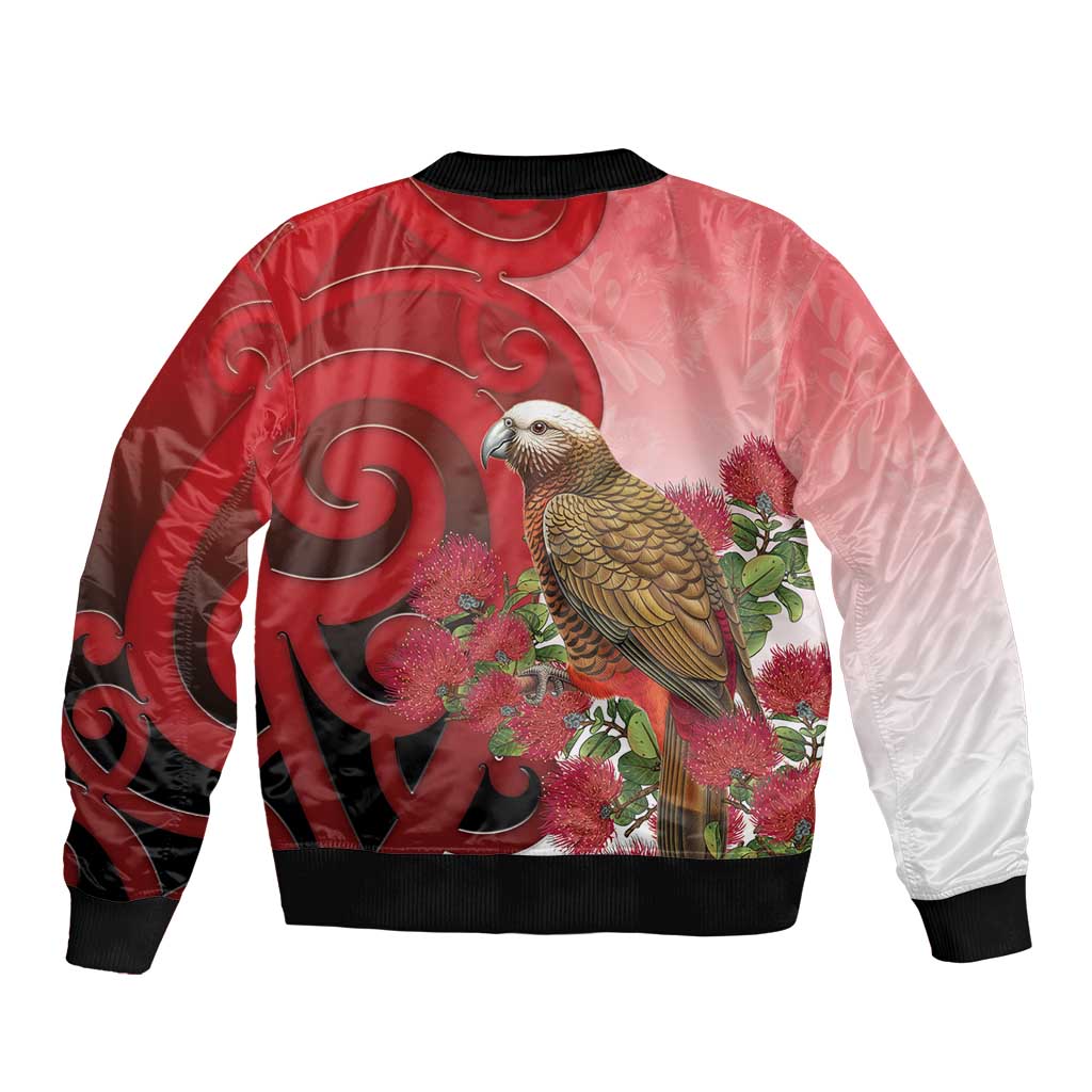 New Zealand Parrot Kaka Bomber Jacket Maori Koru With Pohutukawa Flowers - Polynesian Pride
