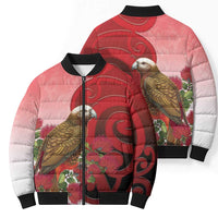 New Zealand Parrot Kaka Bomber Puffer Jacket Maori Koru With Pohutukawa Flowers - Polynesian Pride