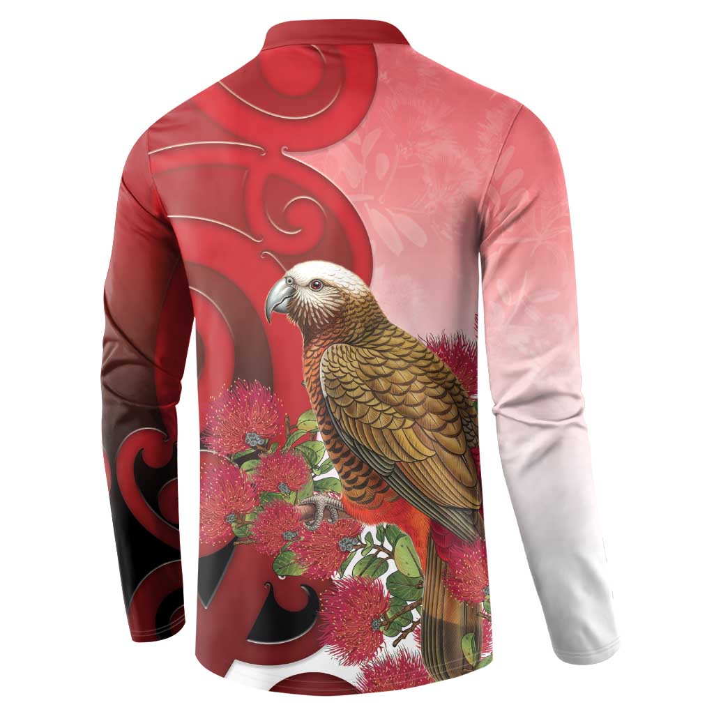 New Zealand Parrot Kaka Button Sweatshirt Maori Koru With Pohutukawa Flowers - Polynesian Pride