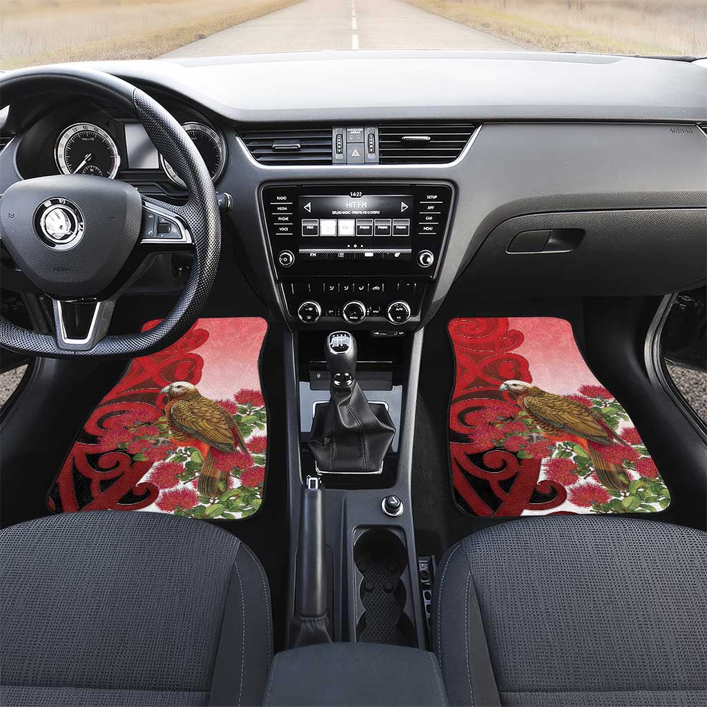 New Zealand Parrot Kaka Car Mats Maori Koru With Pohutukawa Flowers LT05 Set 2pcs - Front Red - Polynesian Pride