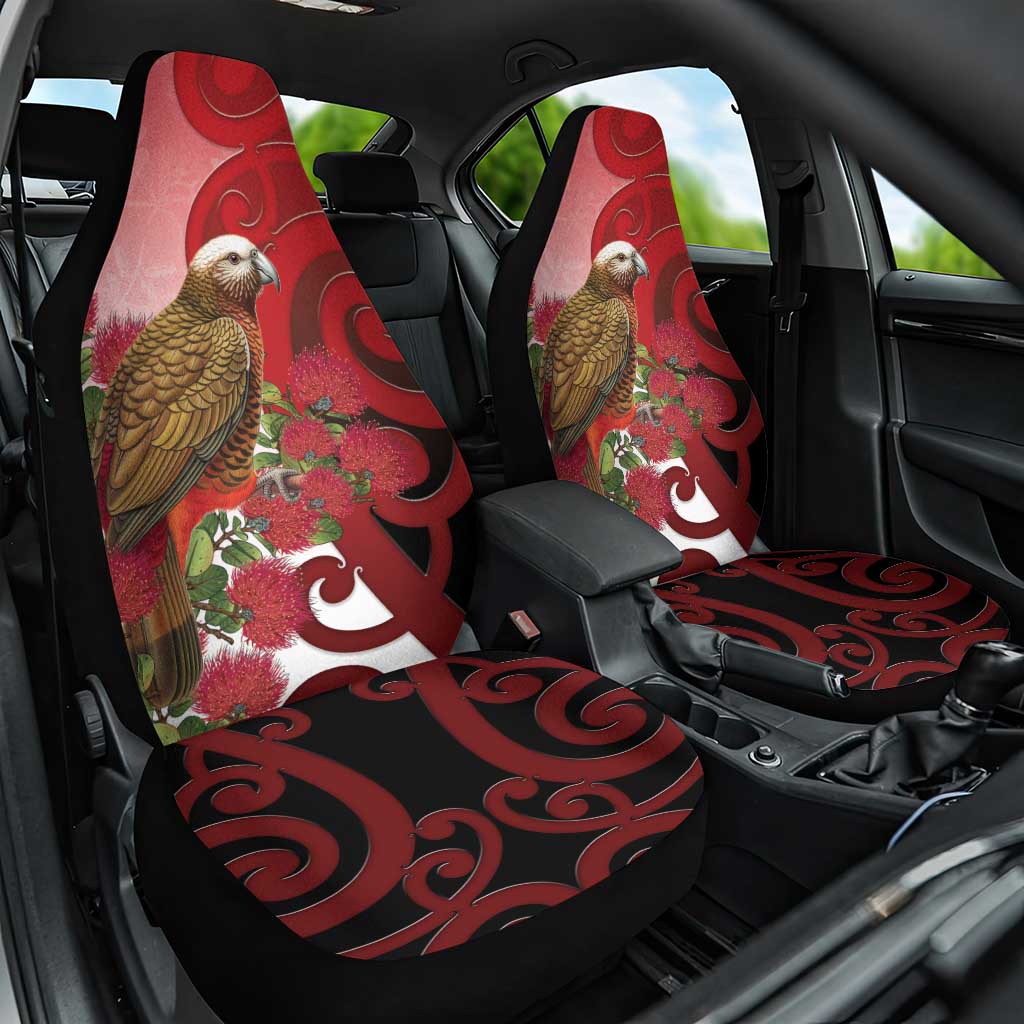 New Zealand Parrot Kaka Car Seat Cover Maori Koru With Pohutukawa Flowers LT05 One Size Red - Polynesian Pride