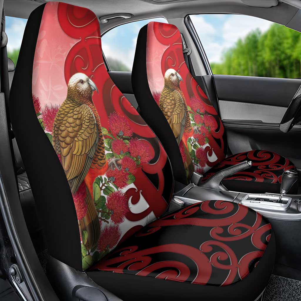 New Zealand Parrot Kaka Car Seat Cover Maori Koru With Pohutukawa Flowers LT05 - Polynesian Pride