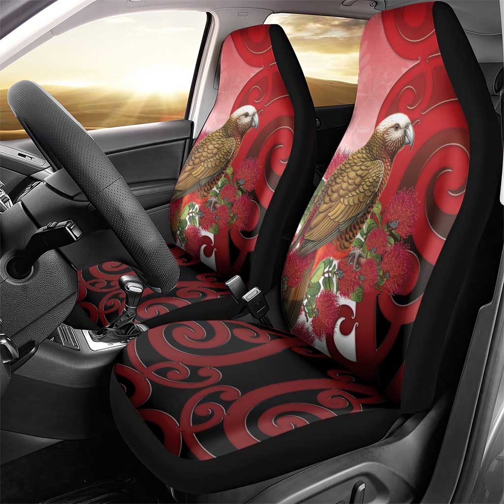 New Zealand Parrot Kaka Car Seat Cover Maori Koru With Pohutukawa Flowers LT05 - Polynesian Pride