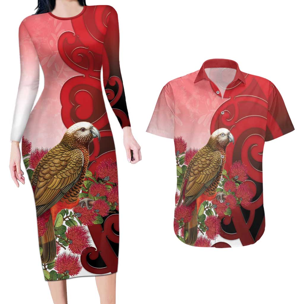 New Zealand Parrot Kaka Couples Matching Long Sleeve Bodycon Dress and Hawaiian Shirt Maori Koru With Pohutukawa Flowers LT05 Red - Polynesian Pride
