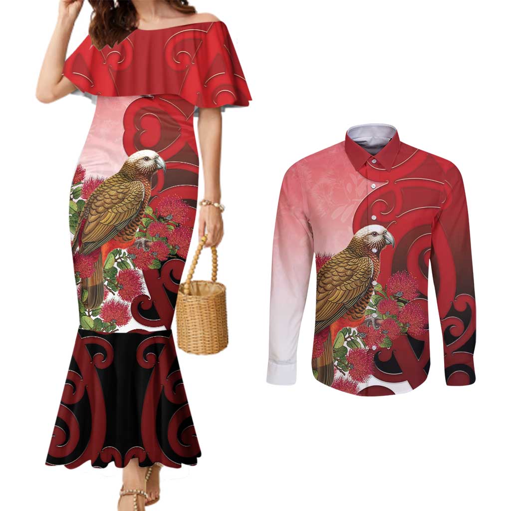 New Zealand Parrot Kaka Couples Matching Mermaid Dress and Long Sleeve Button Shirt Maori Koru With Pohutukawa Flowers LT05 Red - Polynesian Pride