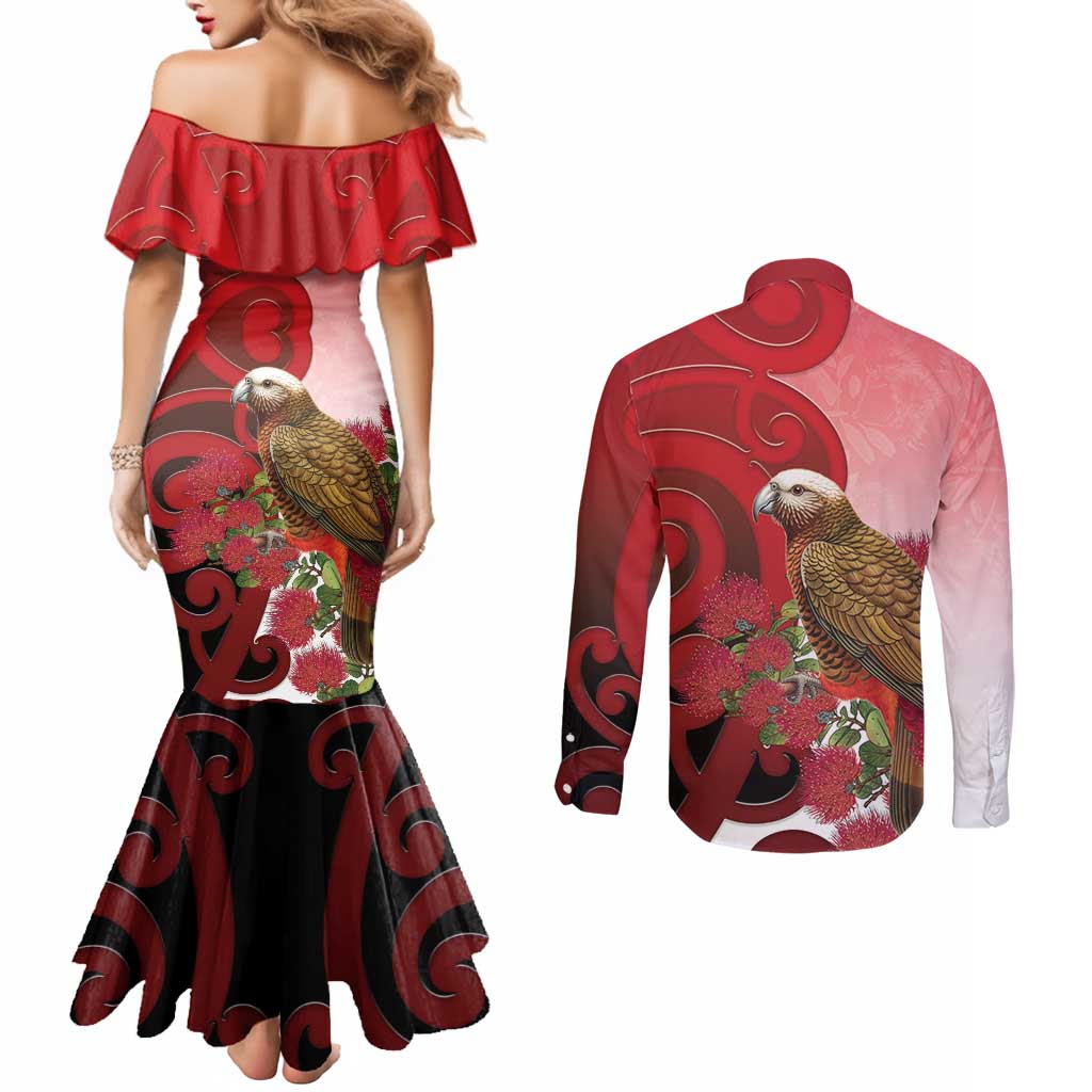 New Zealand Parrot Kaka Couples Matching Mermaid Dress and Long Sleeve Button Shirt Maori Koru With Pohutukawa Flowers LT05 - Polynesian Pride