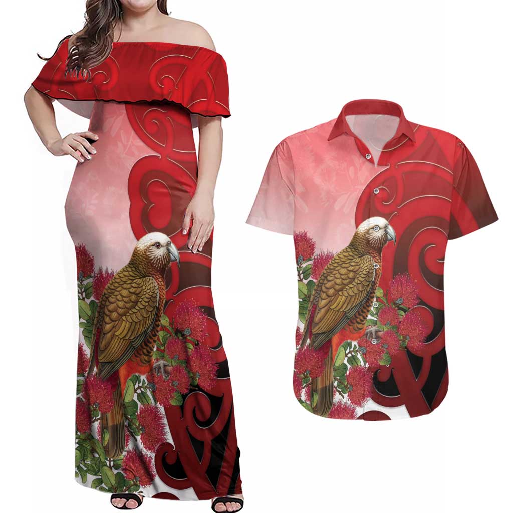 New Zealand Parrot Kaka Couples Matching Off Shoulder Maxi Dress and Hawaiian Shirt Maori Koru With Pohutukawa Flowers LT05 Red - Polynesian Pride