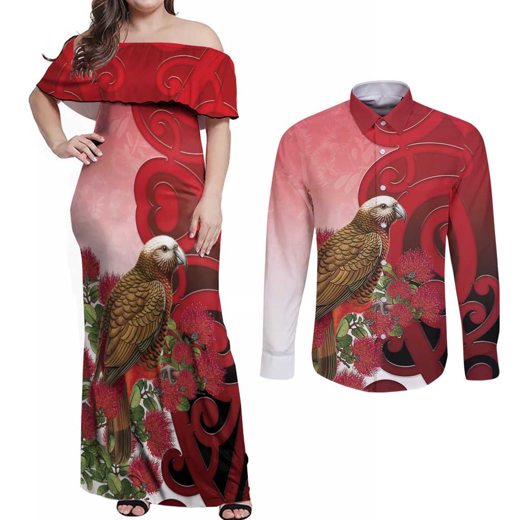 New Zealand Parrot Kaka Couples Matching Off Shoulder Maxi Dress and Long Sleeve Button Shirt Maori Koru With Pohutukawa Flowers LT05 Red - Polynesian Pride