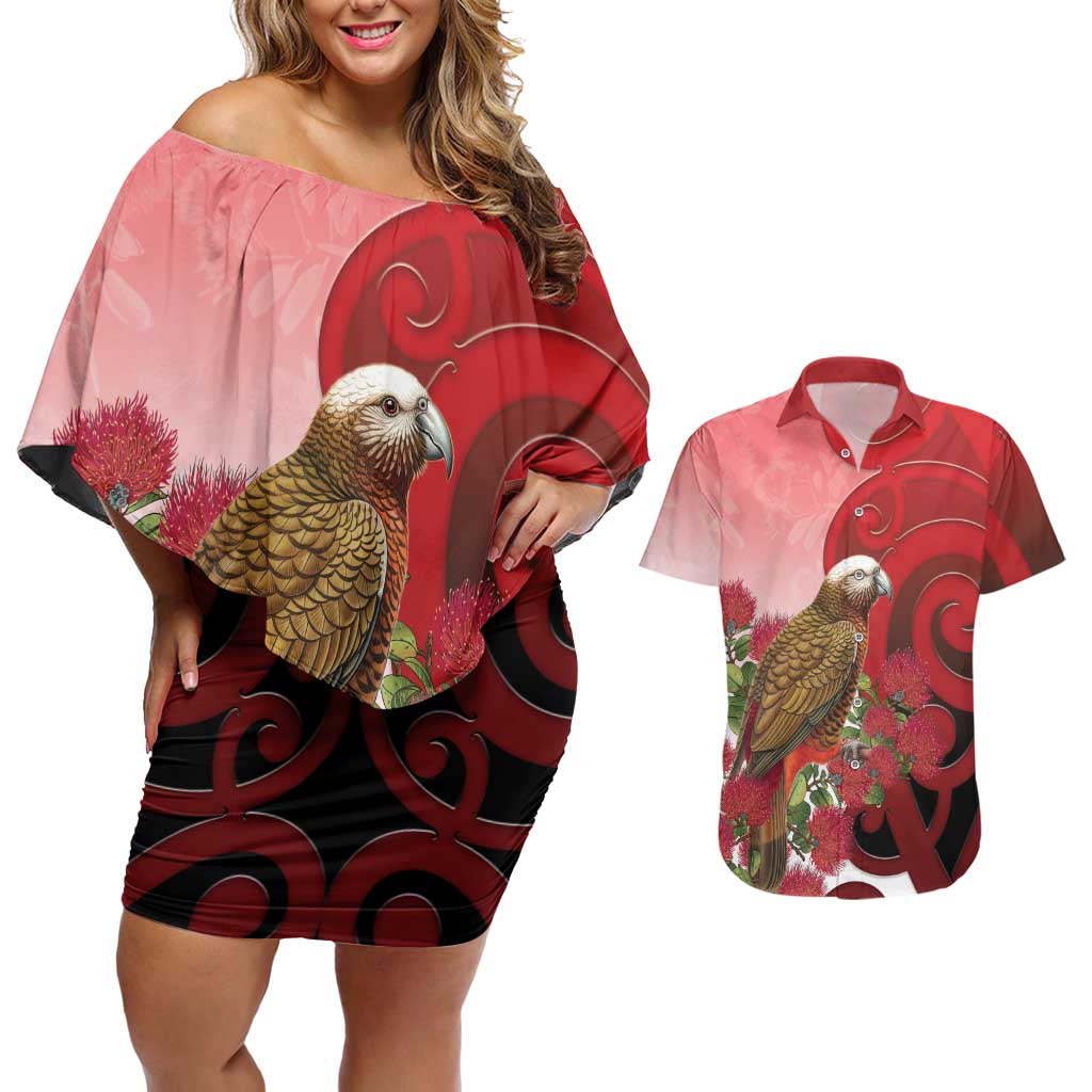 New Zealand Parrot Kaka Couples Matching Off Shoulder Short Dress and Hawaiian Shirt Maori Koru With Pohutukawa Flowers LT05 Red - Polynesian Pride