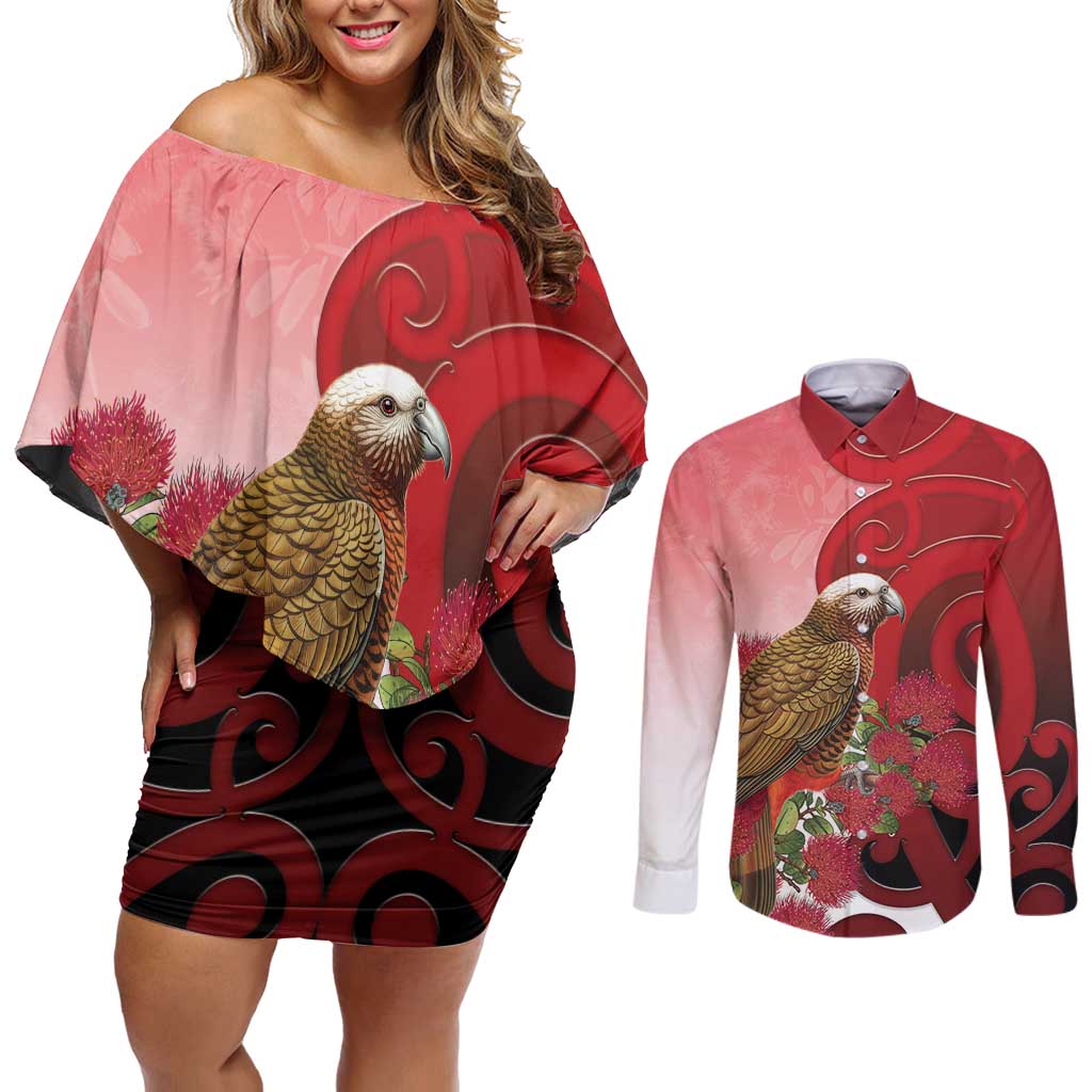 New Zealand Parrot Kaka Couples Matching Off Shoulder Short Dress and Long Sleeve Button Shirt Maori Koru With Pohutukawa Flowers LT05 Red - Polynesian Pride