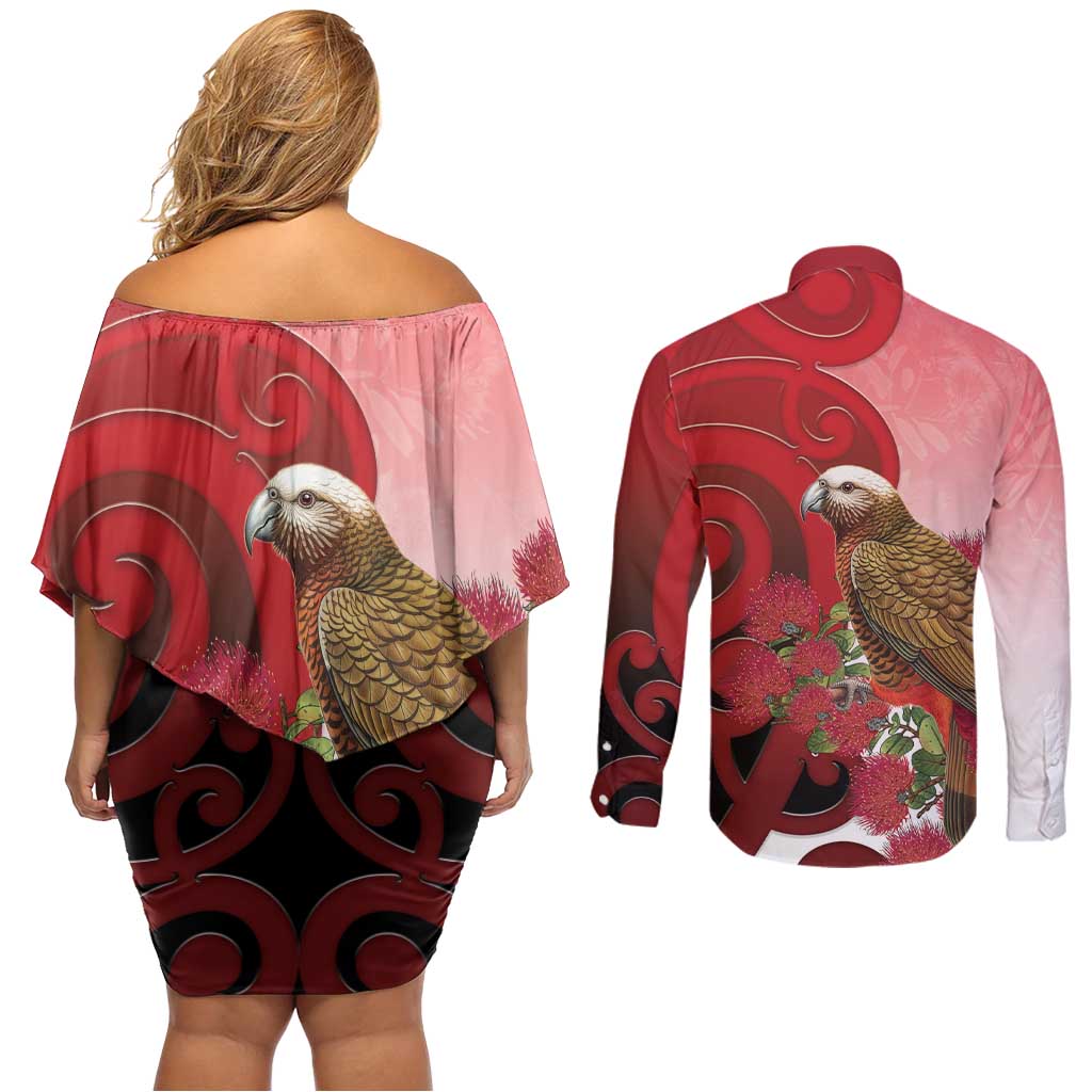 New Zealand Parrot Kaka Couples Matching Off Shoulder Short Dress and Long Sleeve Button Shirt Maori Koru With Pohutukawa Flowers LT05 - Polynesian Pride