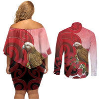 New Zealand Parrot Kaka Couples Matching Off Shoulder Short Dress and Long Sleeve Button Shirt Maori Koru With Pohutukawa Flowers LT05 - Polynesian Pride