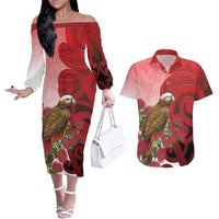 New Zealand Parrot Kaka Couples Matching Off The Shoulder Long Sleeve Dress and Hawaiian Shirt Maori Koru With Pohutukawa Flowers LT05 Red - Polynesian Pride