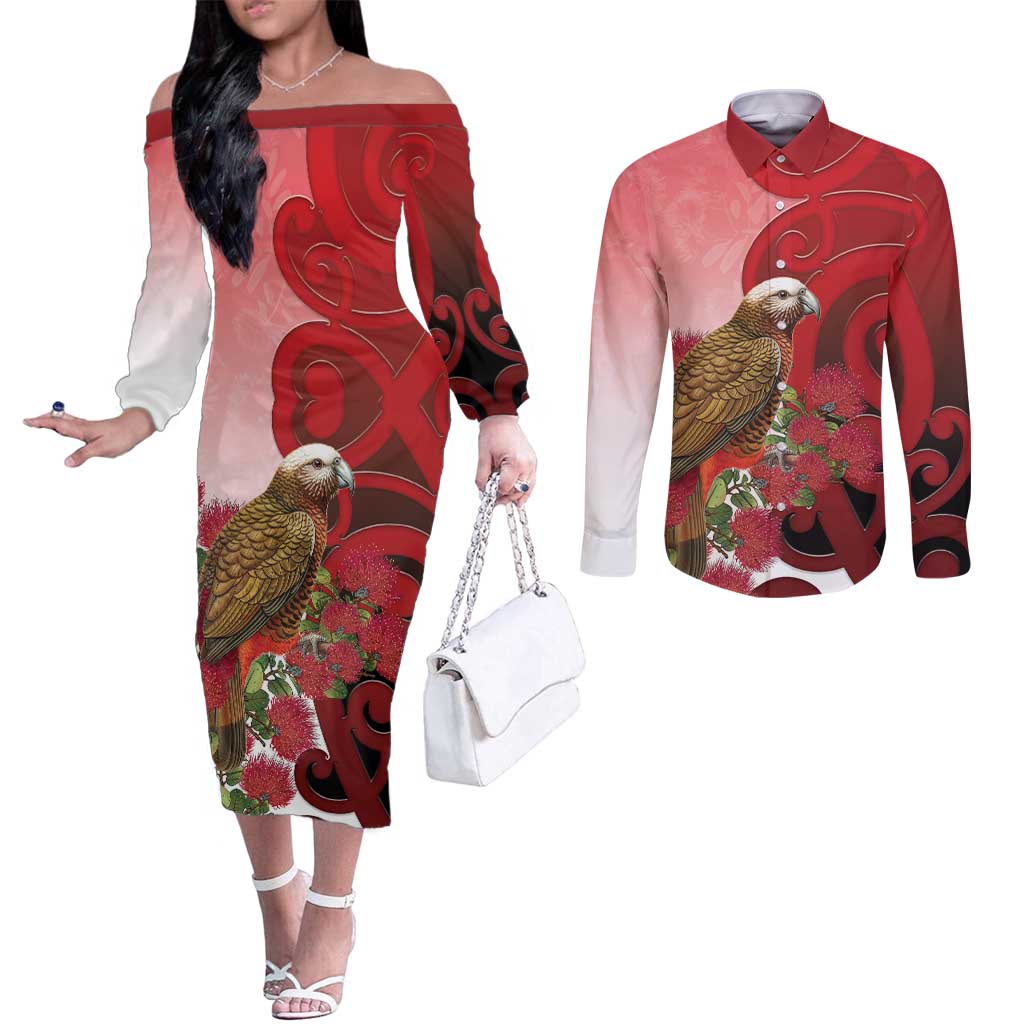 New Zealand Parrot Kaka Couples Matching Off The Shoulder Long Sleeve Dress and Long Sleeve Button Shirt Maori Koru With Pohutukawa Flowers LT05 Red - Polynesian Pride