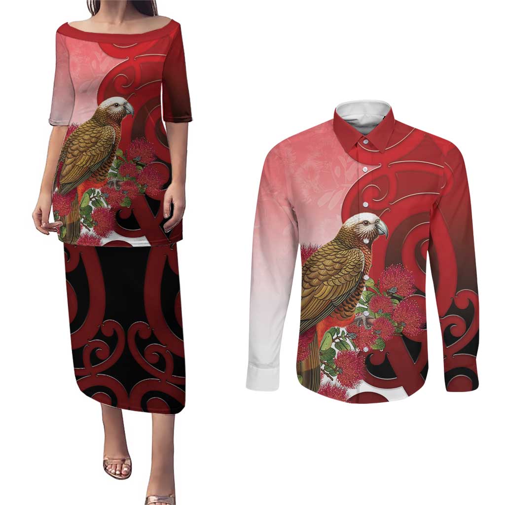 New Zealand Parrot Kaka Couples Matching Puletasi and Long Sleeve Button Shirt Maori Koru With Pohutukawa Flowers LT05 Red - Polynesian Pride