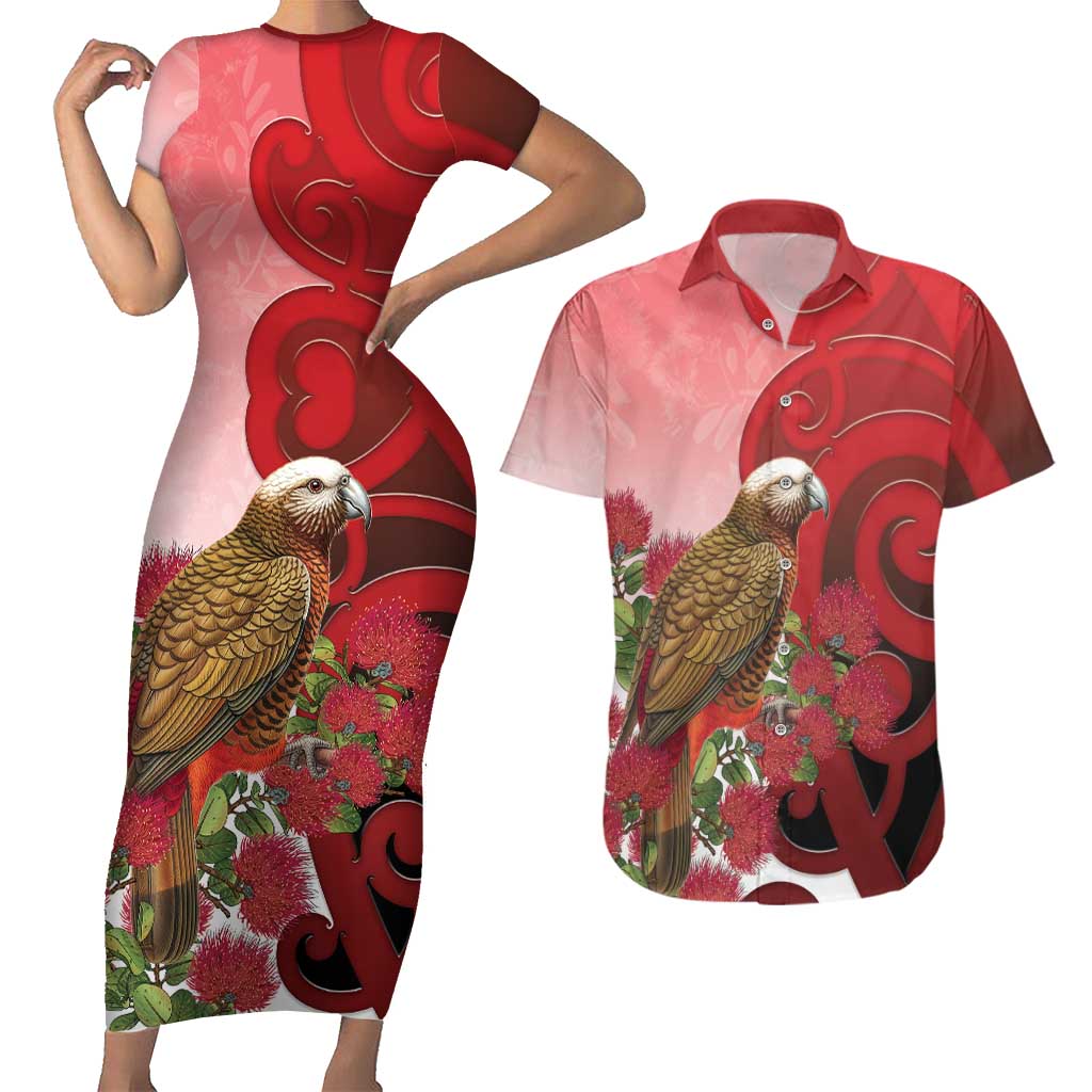 New Zealand Parrot Kaka Couples Matching Short Sleeve Bodycon Dress and Hawaiian Shirt Maori Koru With Pohutukawa Flowers LT05 Red - Polynesian Pride