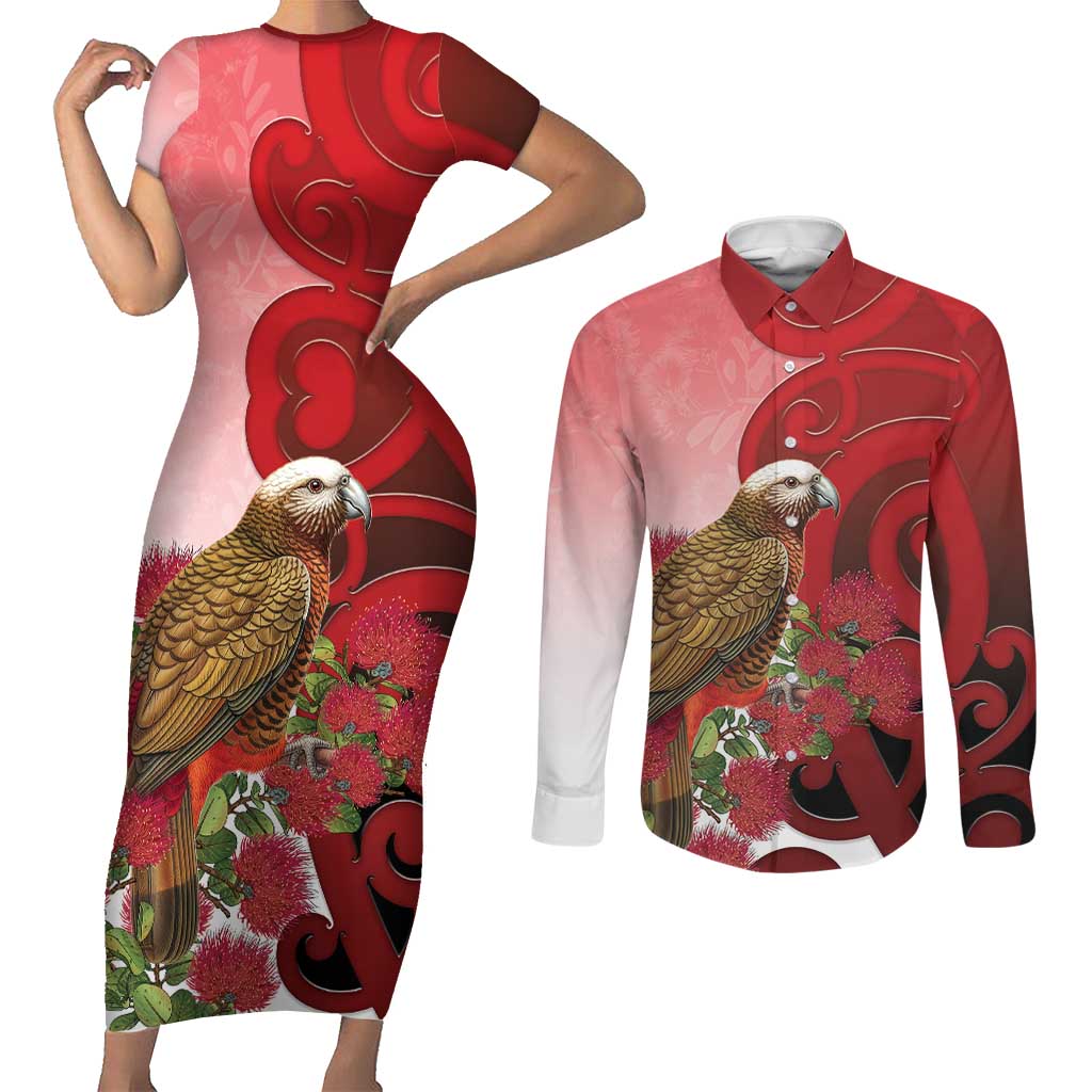 New Zealand Parrot Kaka Couples Matching Short Sleeve Bodycon Dress and Long Sleeve Button Shirt Maori Koru With Pohutukawa Flowers LT05 Red - Polynesian Pride