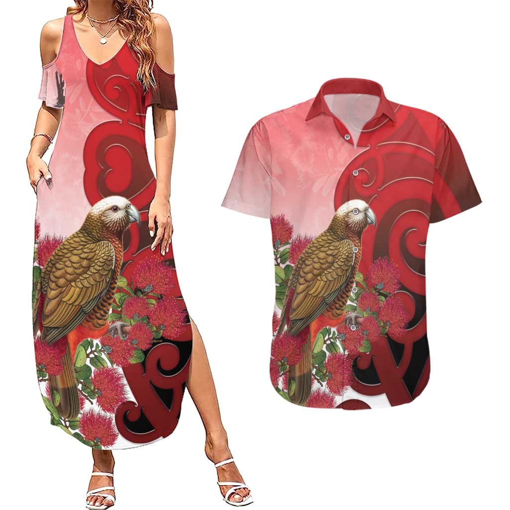 New Zealand Parrot Kaka Couples Matching Summer Maxi Dress and Hawaiian Shirt Maori Koru With Pohutukawa Flowers LT05 Red - Polynesian Pride