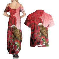 New Zealand Parrot Kaka Couples Matching Summer Maxi Dress and Hawaiian Shirt Maori Koru With Pohutukawa Flowers LT05 - Polynesian Pride
