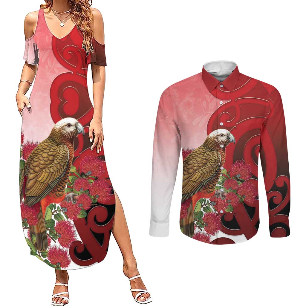 New Zealand Parrot Kaka Couples Matching Summer Maxi Dress and Long Sleeve Button Shirt Maori Koru With Pohutukawa Flowers LT05 Red - Polynesian Pride