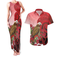 New Zealand Parrot Kaka Couples Matching Tank Maxi Dress and Hawaiian Shirt Maori Koru With Pohutukawa Flowers LT05 Red - Polynesian Pride