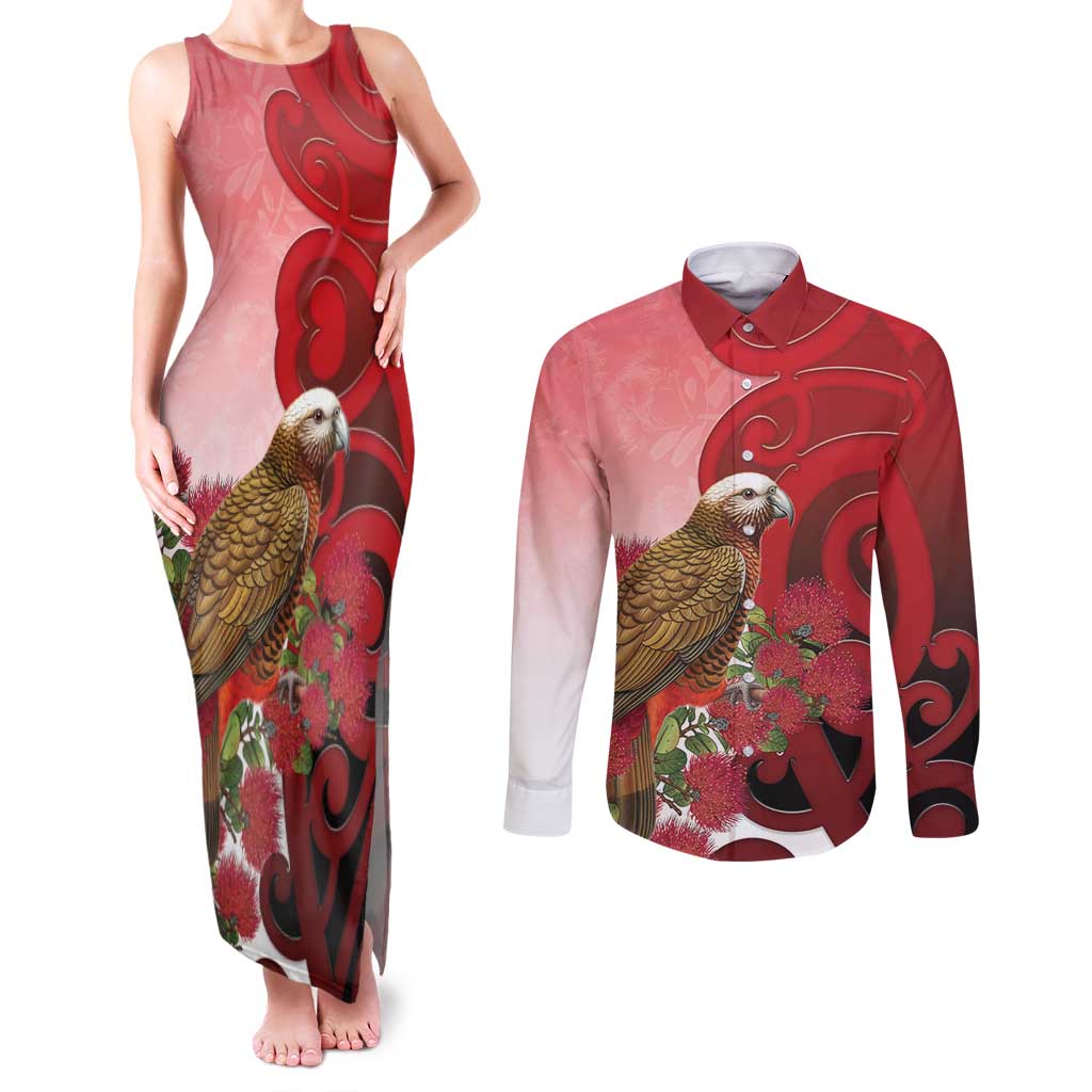New Zealand Parrot Kaka Couples Matching Tank Maxi Dress and Long Sleeve Button Shirt Maori Koru With Pohutukawa Flowers LT05 Red - Polynesian Pride