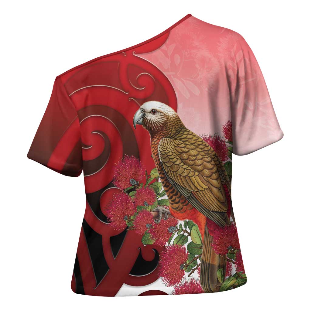 New Zealand Parrot Kaka Cross Shoulder Shirt Maori Koru With Pohutukawa Flowers LT05 - Polynesian Pride