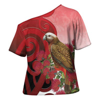 New Zealand Parrot Kaka Cross Shoulder Shirt Maori Koru With Pohutukawa Flowers LT05 - Polynesian Pride