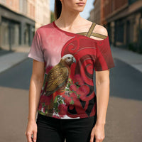 New Zealand Parrot Kaka Cross Shoulder Shirt Maori Koru With Pohutukawa Flowers LT05 - Polynesian Pride