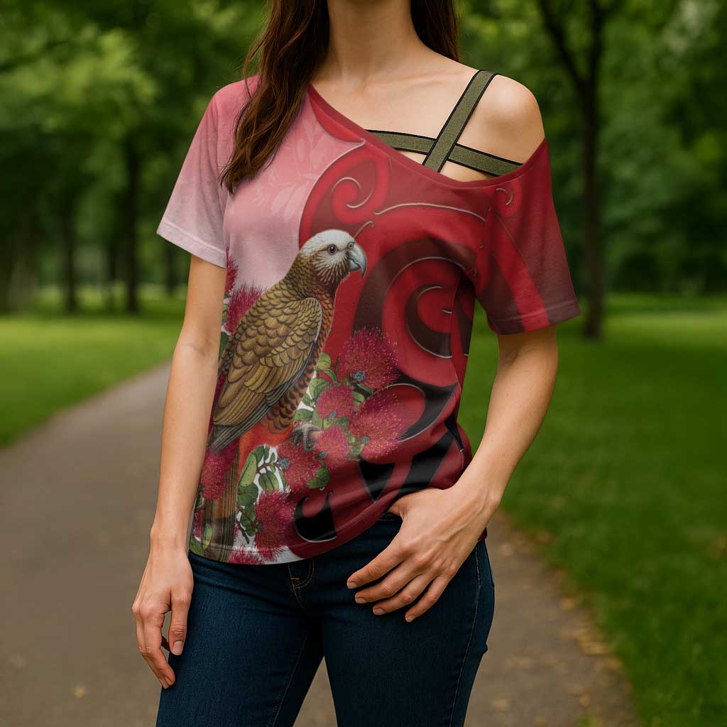 New Zealand Parrot Kaka Cross Shoulder Shirt Maori Koru With Pohutukawa Flowers LT05 - Polynesian Pride