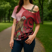 New Zealand Parrot Kaka Cross Shoulder Shirt Maori Koru With Pohutukawa Flowers LT05 - Polynesian Pride