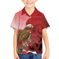 New Zealand Parrot Kaka Family Matching Off The Shoulder Long Sleeve Dress and Hawaiian Shirt Maori Koru With Pohutukawa Flowers LT05 Son's Shirt Red - Polynesian Pride