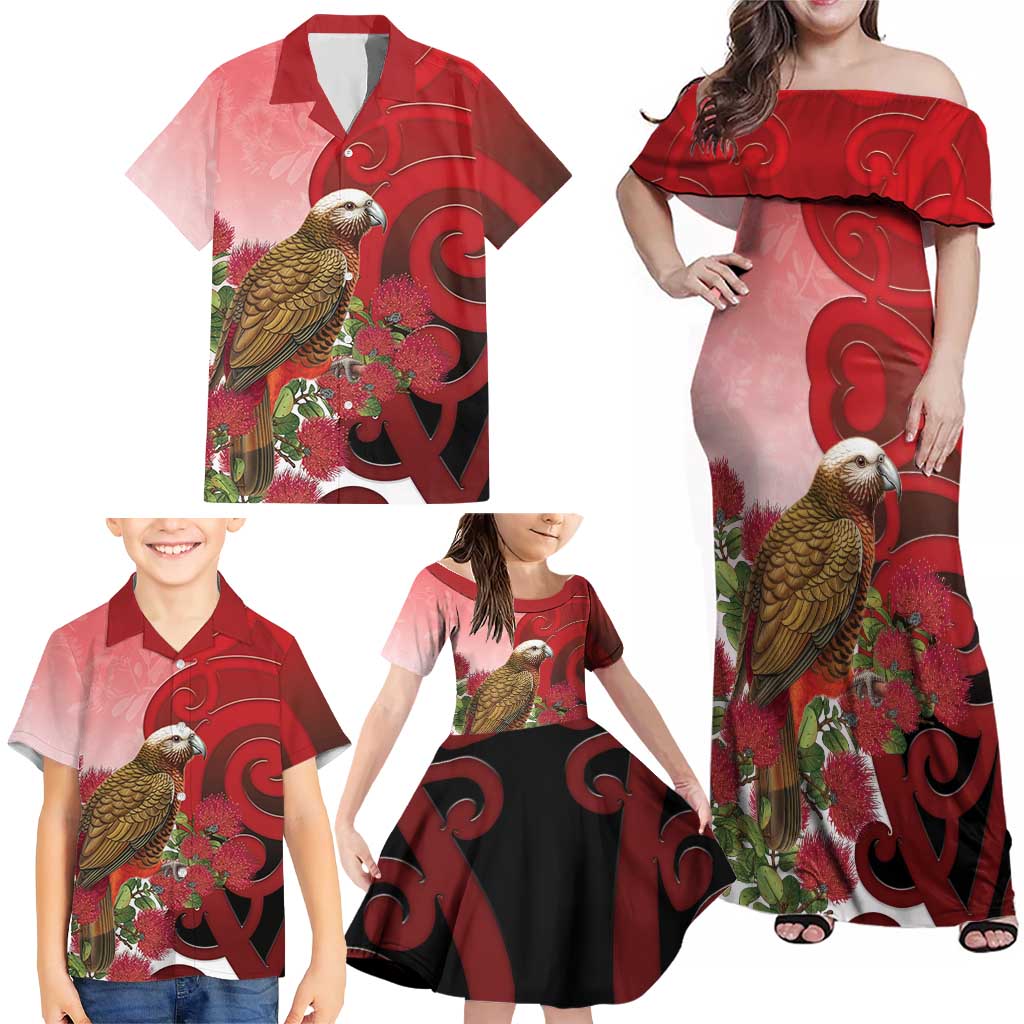 New Zealand Parrot Kaka Family Matching Off Shoulder Maxi Dress and Hawaiian Shirt Maori Koru With Pohutukawa Flowers LT05 - Polynesian Pride