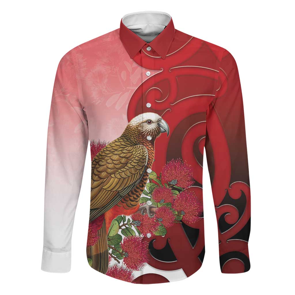 New Zealand Parrot Kaka Family Matching Off Shoulder Short Dress and Hawaiian Shirt Maori Koru With Pohutukawa Flowers LT05 Dad's Shirt - Long Sleeve Red - Polynesian Pride