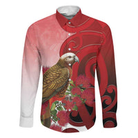 New Zealand Parrot Kaka Family Matching Puletasi and Hawaiian Shirt Maori Koru With Pohutukawa Flowers LT05 Dad's Shirt - Long Sleeve Red - Polynesian Pride