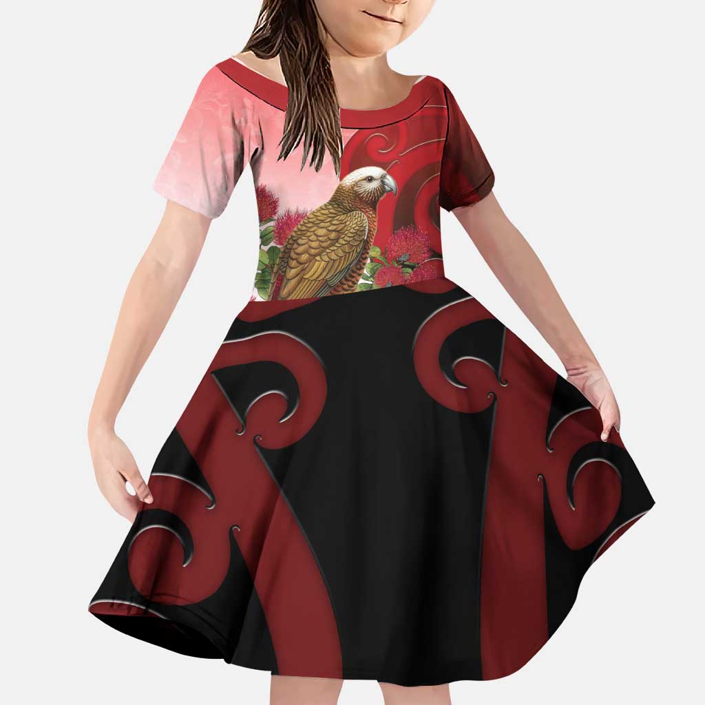 New Zealand Parrot Kaka Family Matching Summer Maxi Dress and Hawaiian Shirt Maori Koru With Pohutukawa Flowers LT05 Daughter's Dress Red - Polynesian Pride