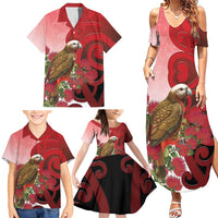 New Zealand Parrot Kaka Family Matching Summer Maxi Dress and Hawaiian Shirt Maori Koru With Pohutukawa Flowers LT05 - Polynesian Pride