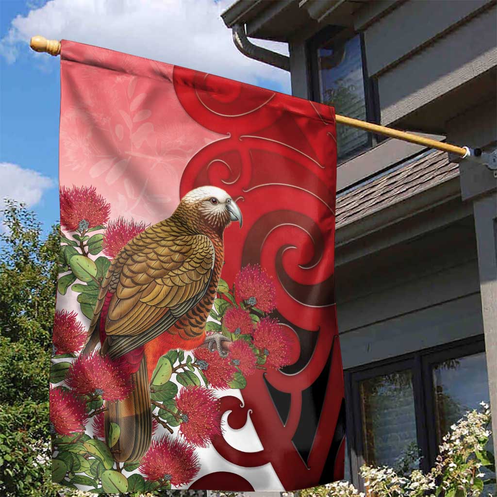 New Zealand Parrot Kaka Garden Flag Maori Koru With Pohutukawa Flowers LT05 - Polynesian Pride