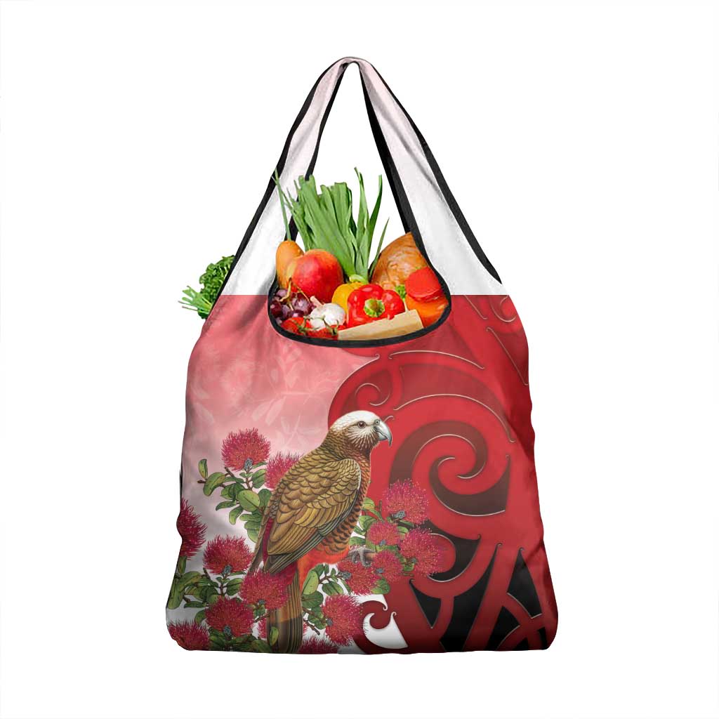 New Zealand Parrot Kaka Grocery Bag Maori Koru With Pohutukawa Flowers LT05 1-pack One Size Red - Polynesian Pride