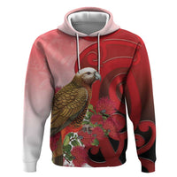 New Zealand Parrot Kaka Hoodie Maori Koru With Pohutukawa Flowers LT05 Pullover Hoodie Red - Polynesian Pride
