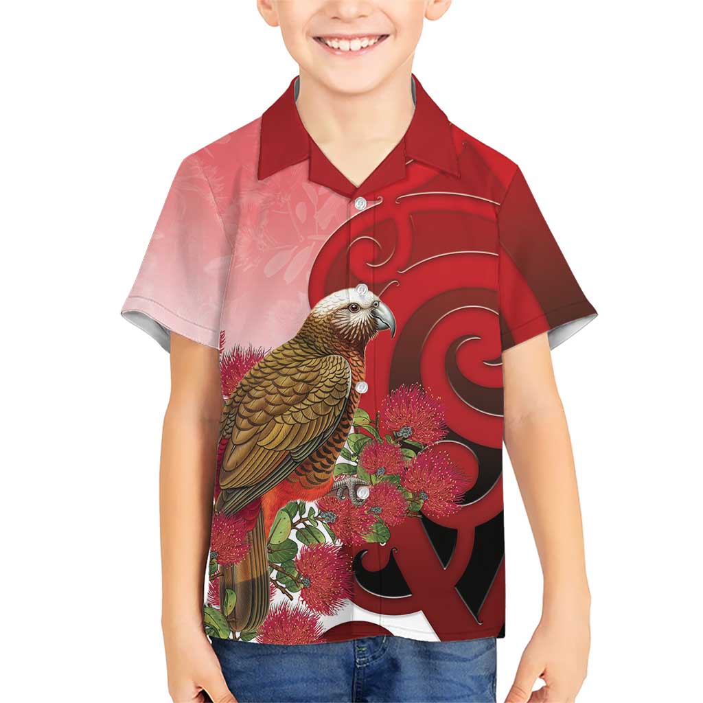 New Zealand Parrot Kaka Kid Hawaiian Shirt Maori Koru With Pohutukawa Flowers LT05 Kid Red - Polynesian Pride
