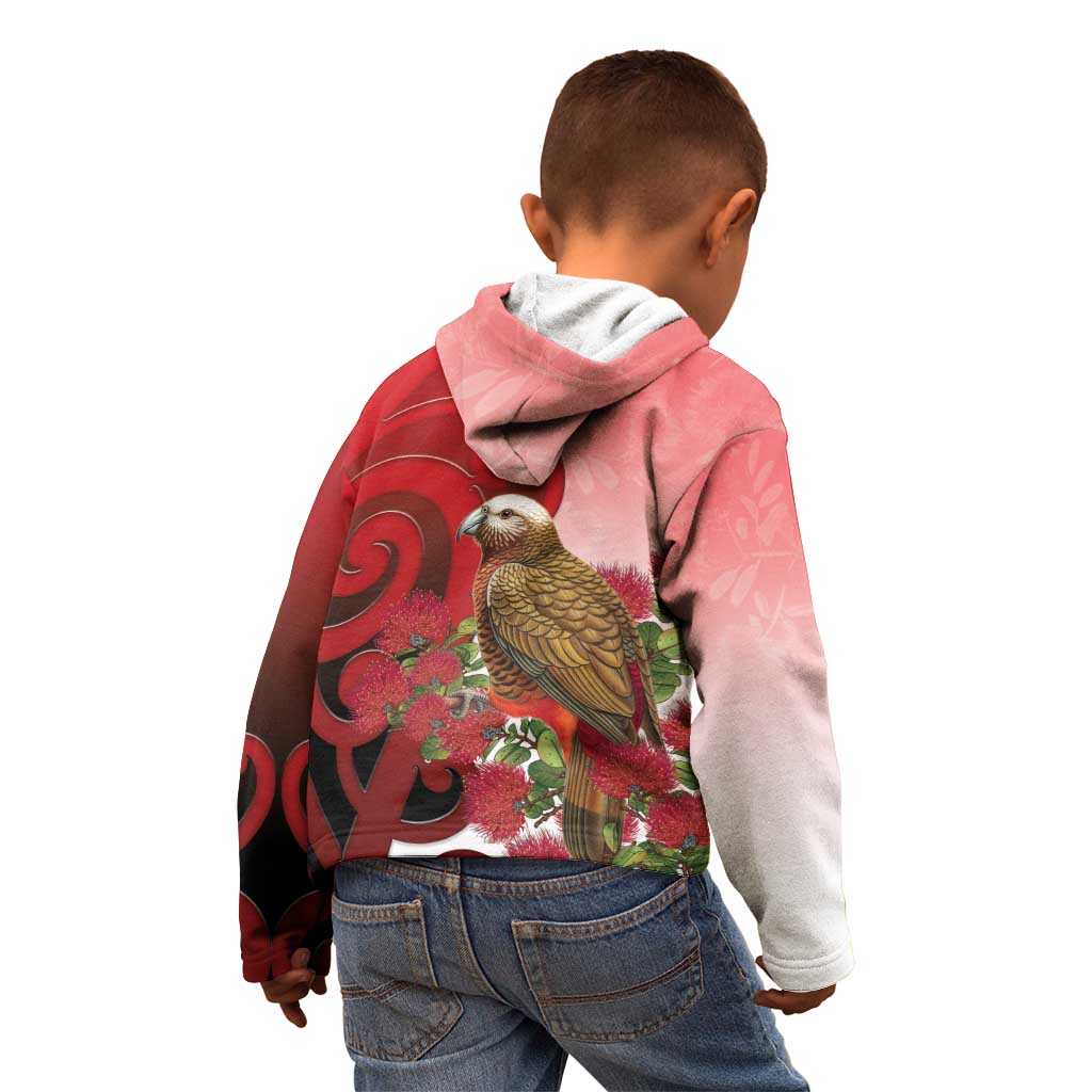 New Zealand Parrot Kaka Kid Hoodie Maori Koru With Pohutukawa Flowers LT05 - Polynesian Pride