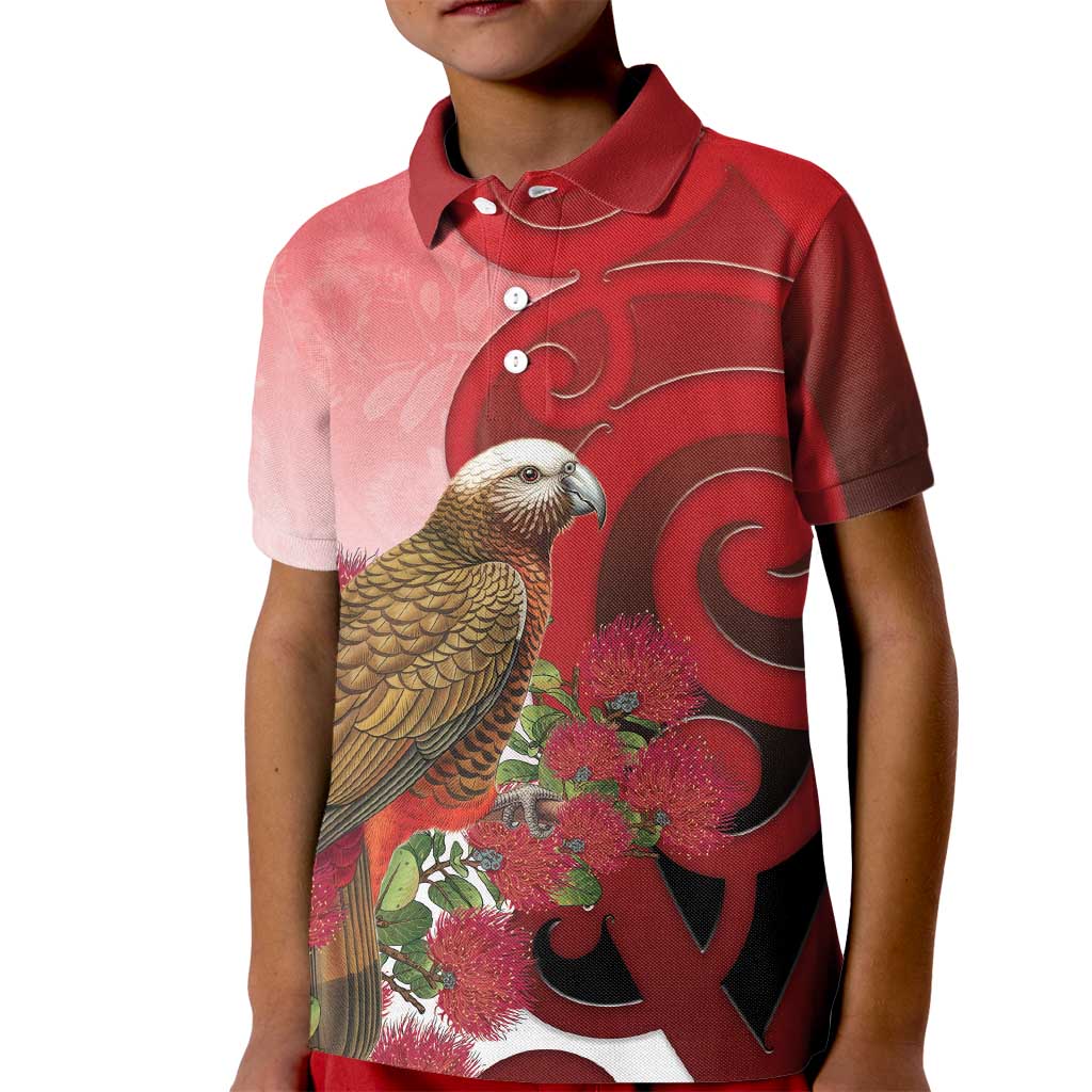 New Zealand Parrot Kaka Kid Polo Shirt Maori Koru With Pohutukawa Flowers LT05 Kid Red - Polynesian Pride