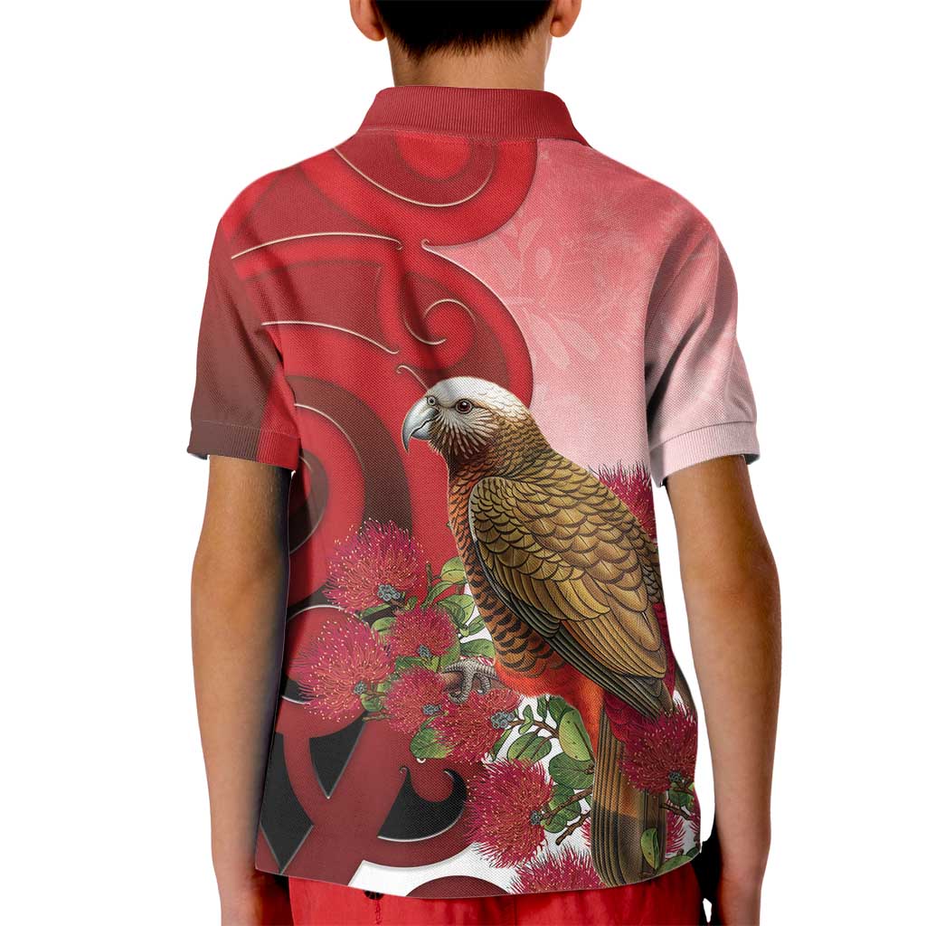 New Zealand Parrot Kaka Kid Polo Shirt Maori Koru With Pohutukawa Flowers LT05 - Polynesian Pride