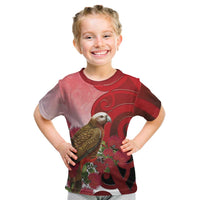 New Zealand Parrot Kaka Kid T Shirt Maori Koru With Pohutukawa Flowers LT05 Red - Polynesian Pride