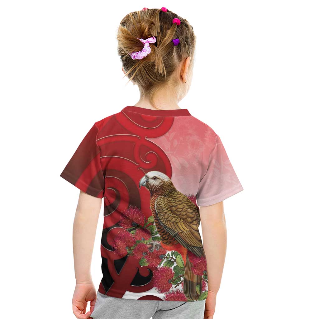 New Zealand Parrot Kaka Kid T Shirt Maori Koru With Pohutukawa Flowers LT05 - Polynesian Pride